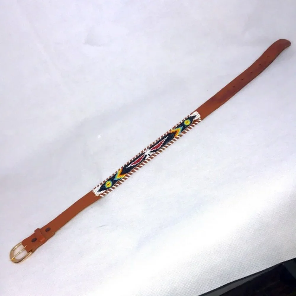 Native American Design Hand Beaded Leather Belt, Very Small Children's Size